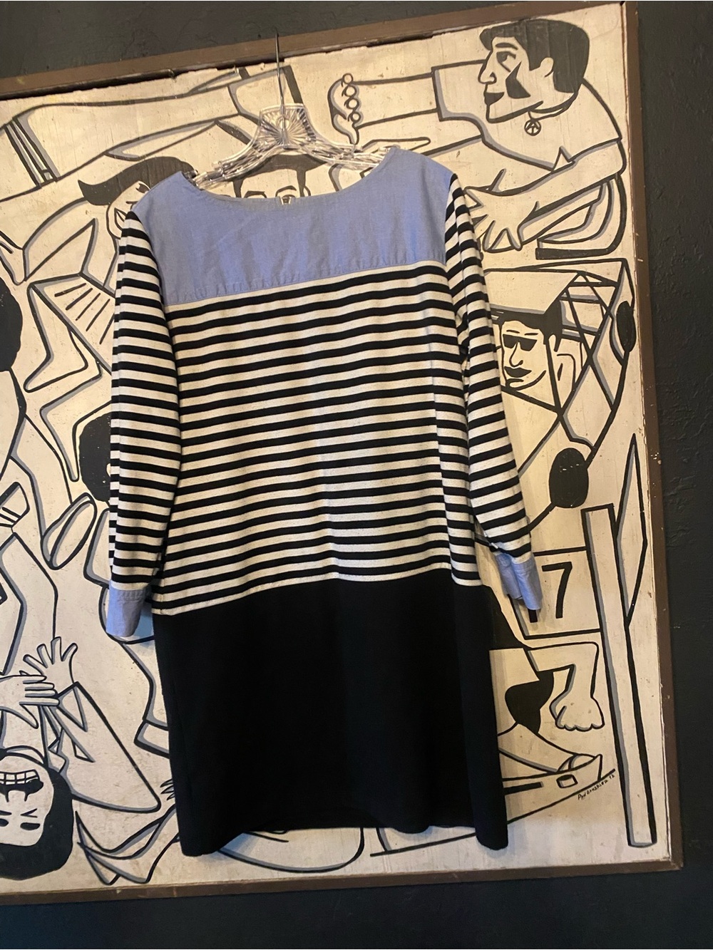 LOFT Black & White Striped Dress with Light Blue Yoke
